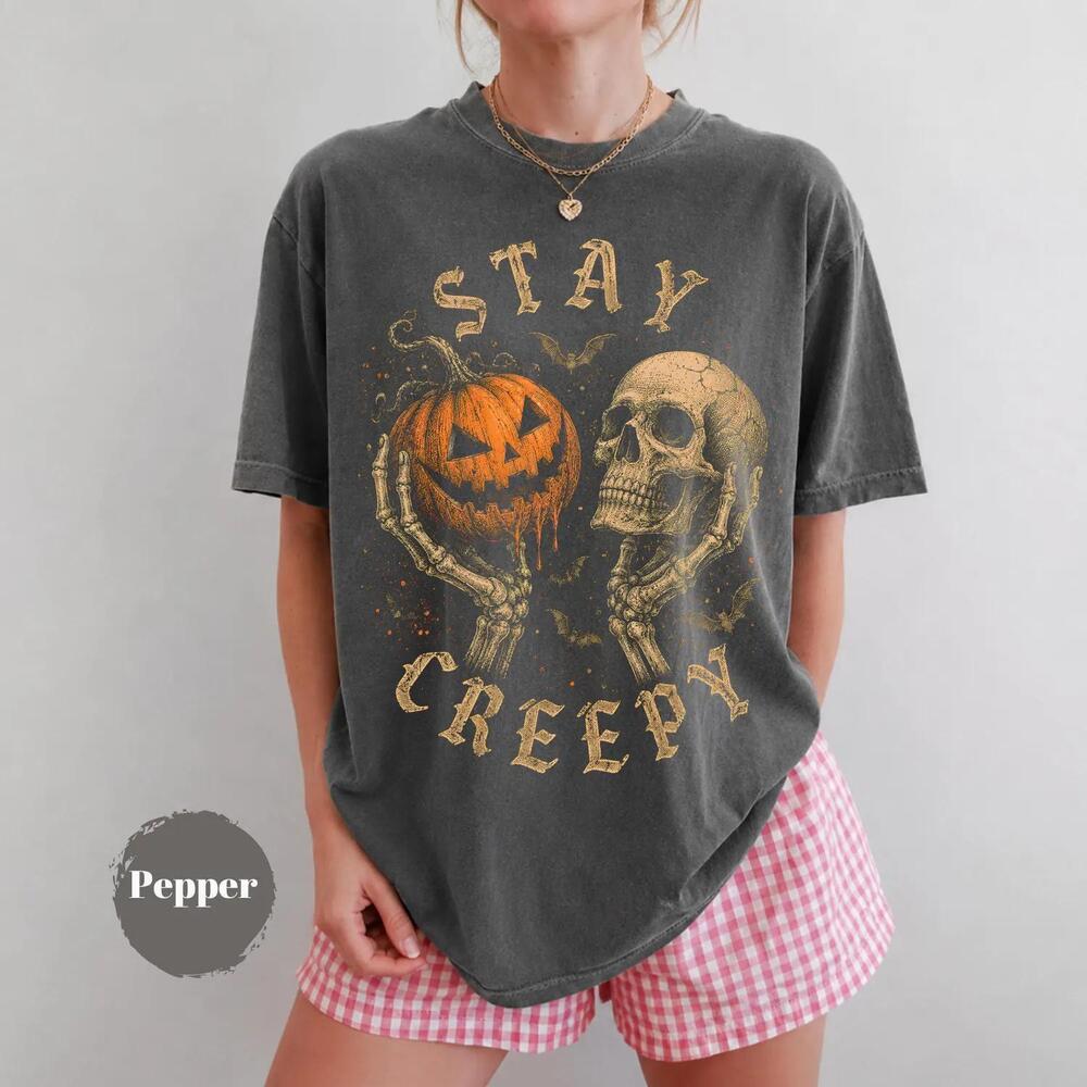 Skeleton Pumpkin Halloween Shirt, Stay Creepy Graphic Tee, Spooky